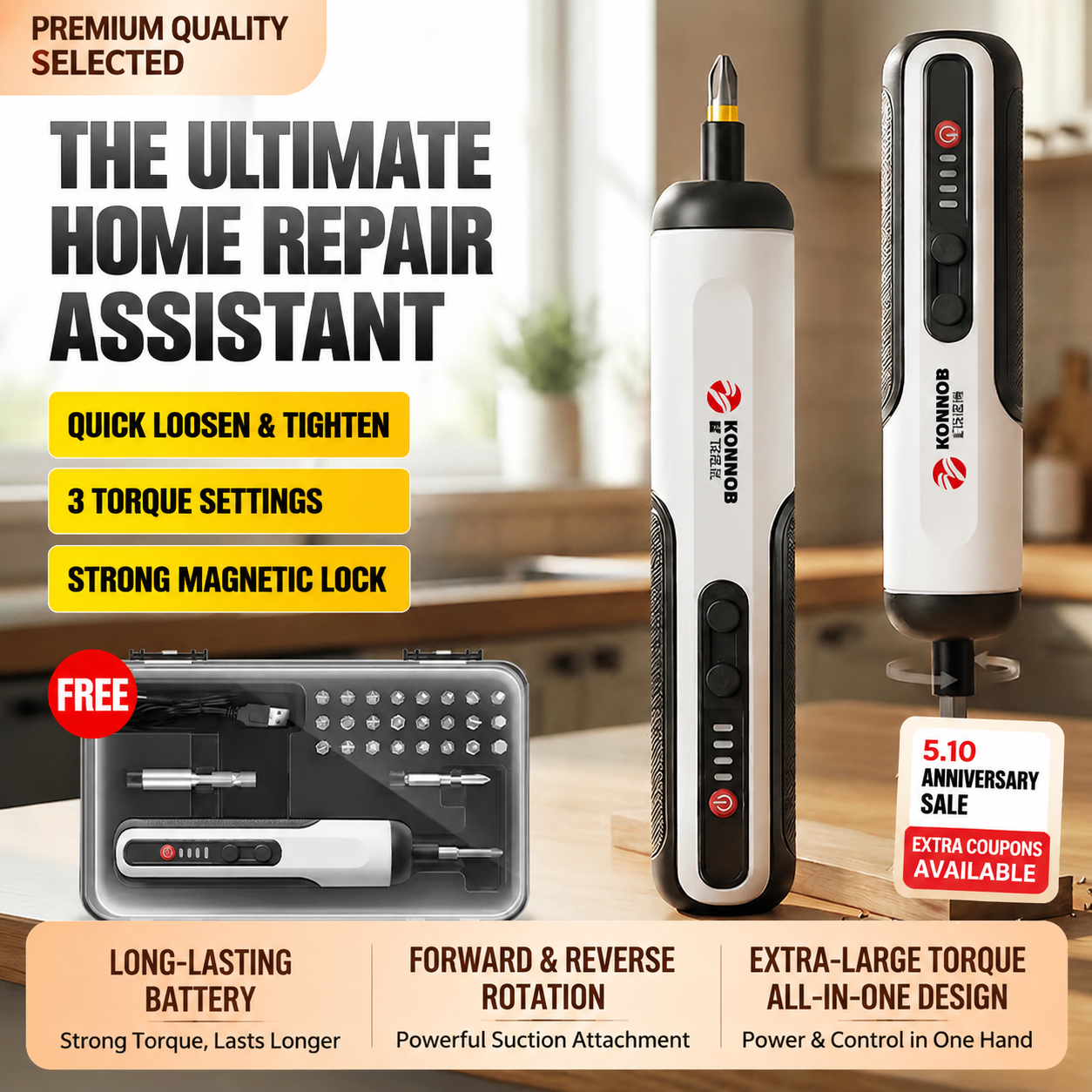 KONNOB Powerful Straight-Handle Cordless Electric Screwdriver