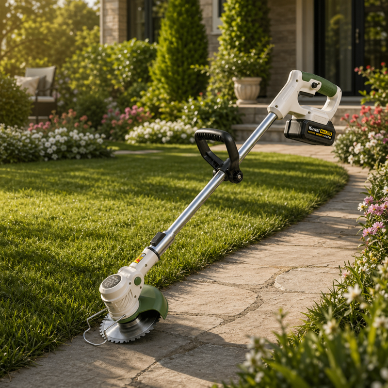 KUWAT portable cordless electric lawnmower in a home garden setting